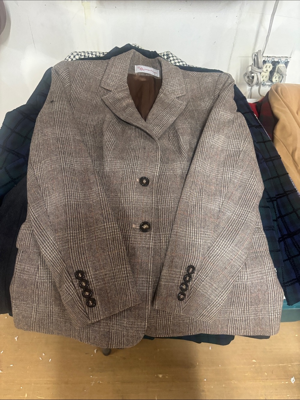 Wool Blend Plaid Women's Blazer Jacket - Brown